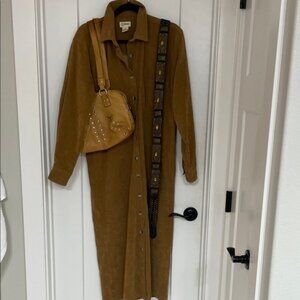 Vintage Aegean Brown faux Suede Button Maxi  | Western Shirt Dress Boho Cowgirl